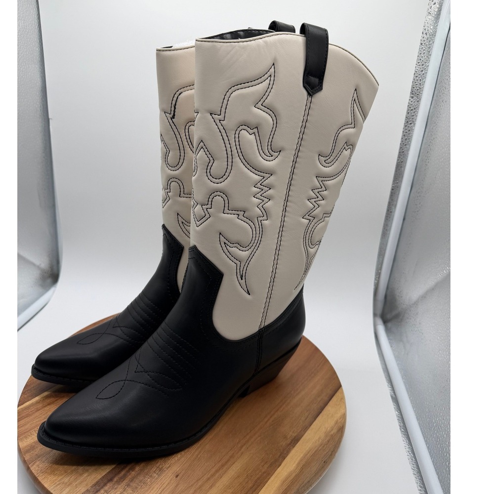 Soda Reno Women's 9.5 Black White Western Cowboy Boots Pointed Toe Mid Calf 2306